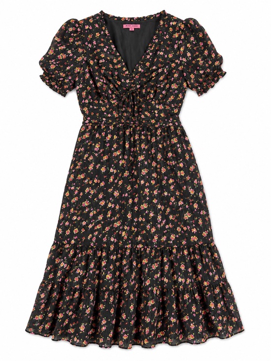 Betsey Johnson Dresses & Skirts - Betsey Johnson Black Floral Puff Sleeve Midi Dress Size 6 Cottagecore
